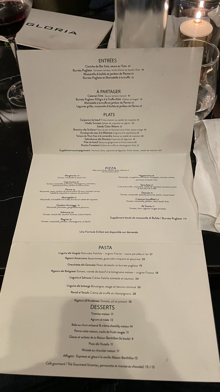 Gloria menu 1