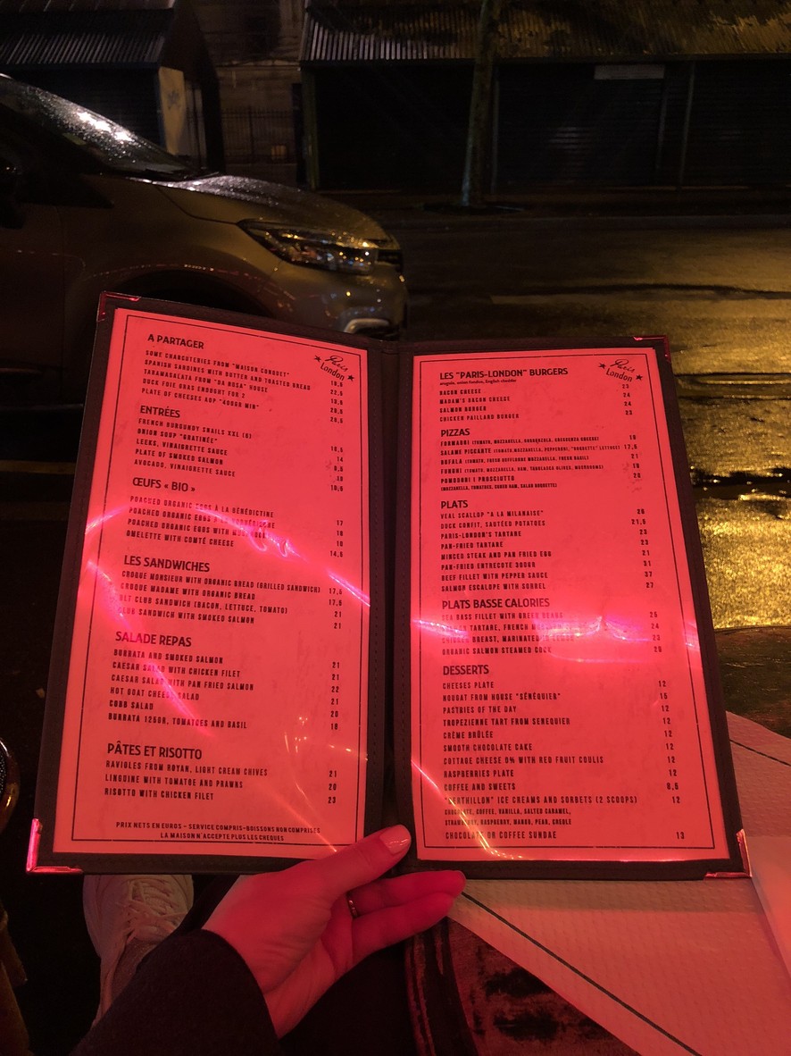 Le Paris London menu 1