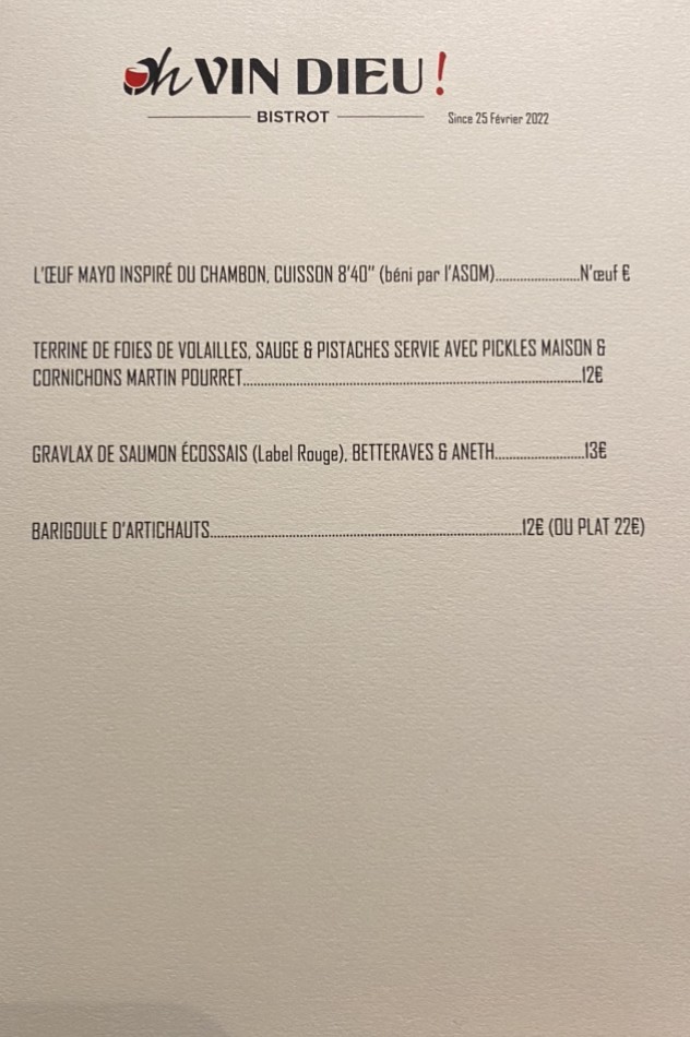 Oh Vin Dieu ! menu 1