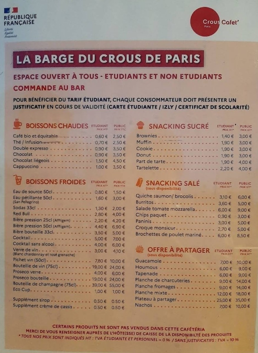 La Barge du CROUS menu 1