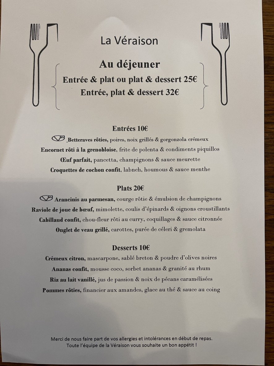La Véraison menu 1