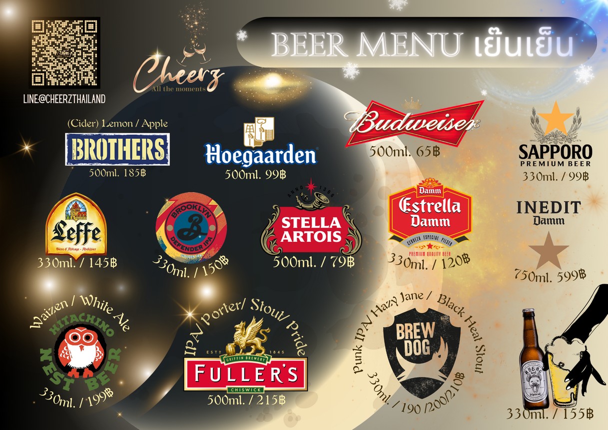 Cheerz (Thailand) 您的最佳葡萄酒商店 您城中最负盛名的葡萄酒窖，提供啤酒、烈酒等 menu 1