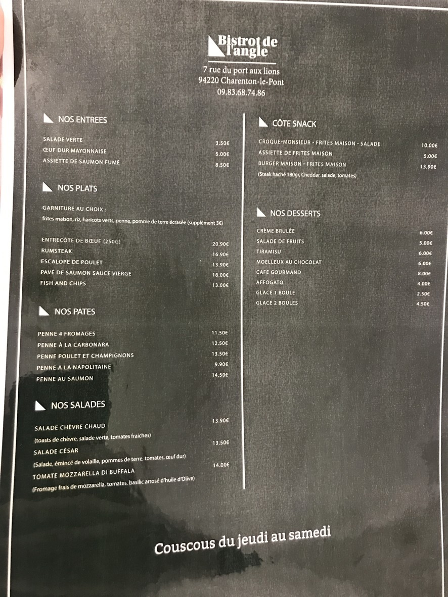 Bistrot de l'Angle menu 1