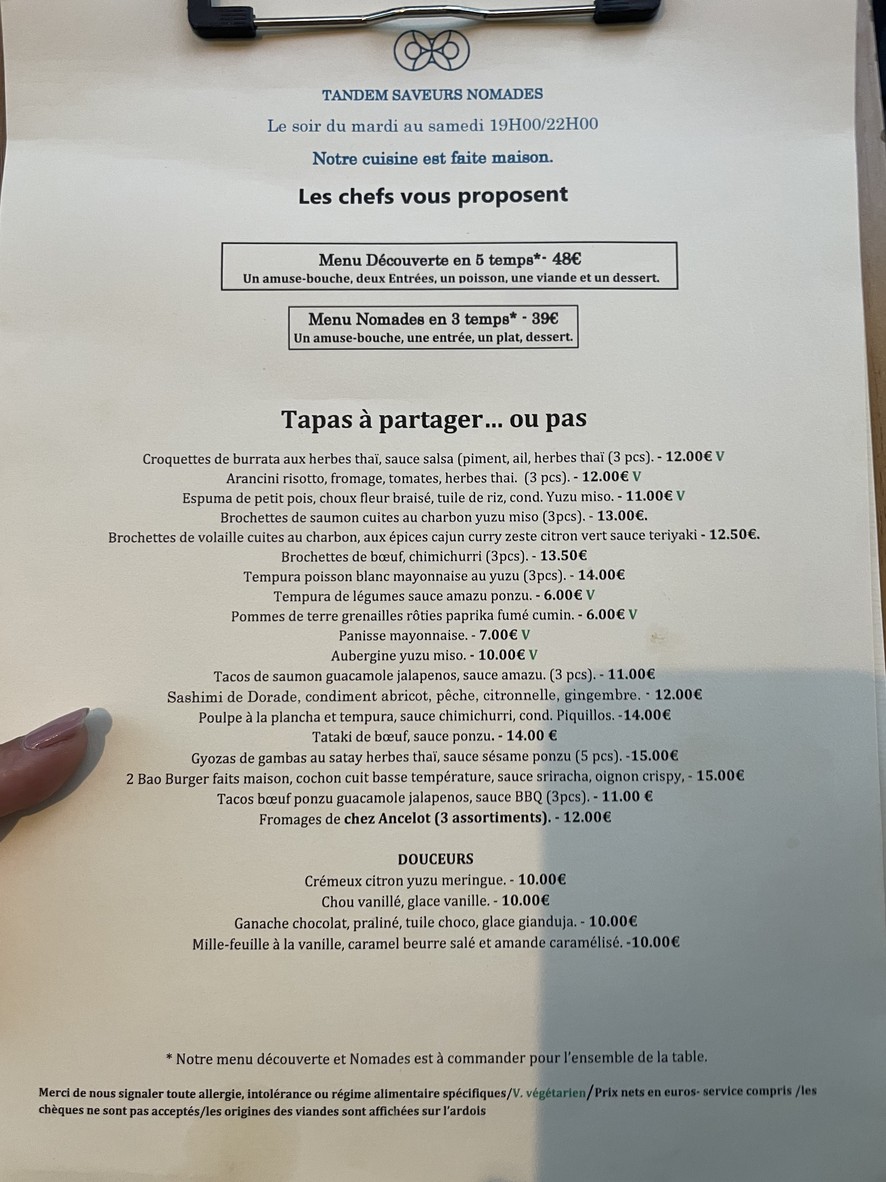 Tandem saveurs nomades menu 1