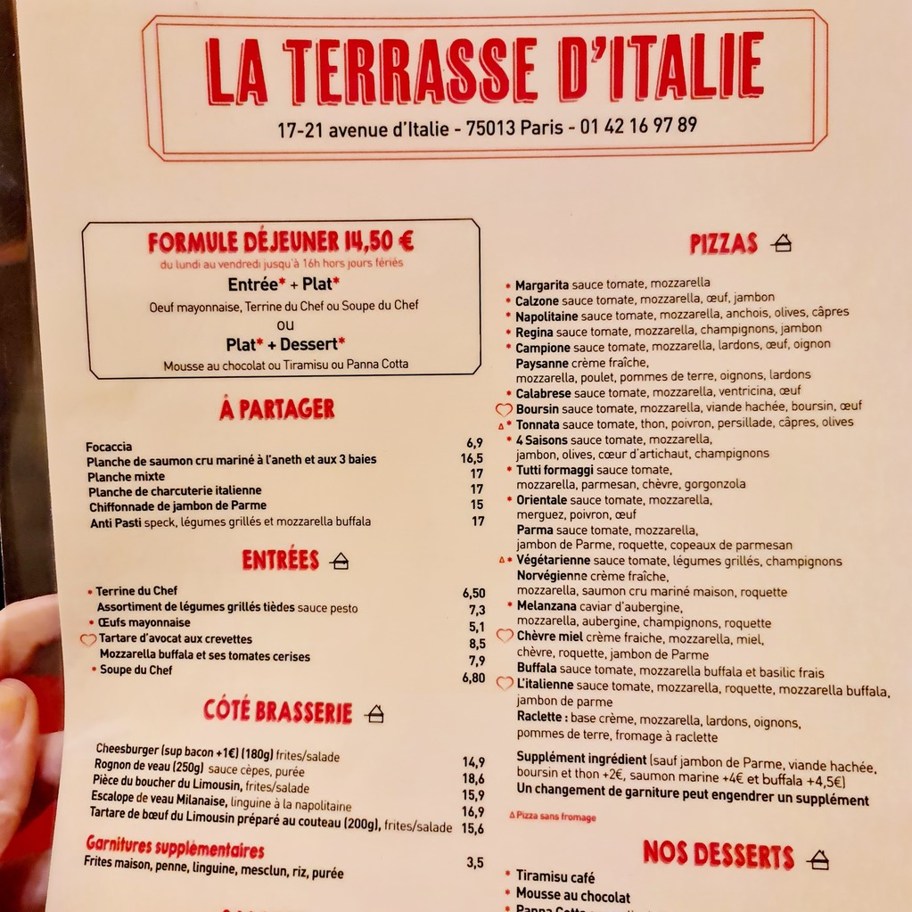 La Terrasse d'Italie menu 1