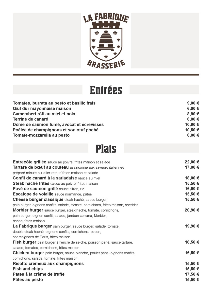 La Fabrique menu 2