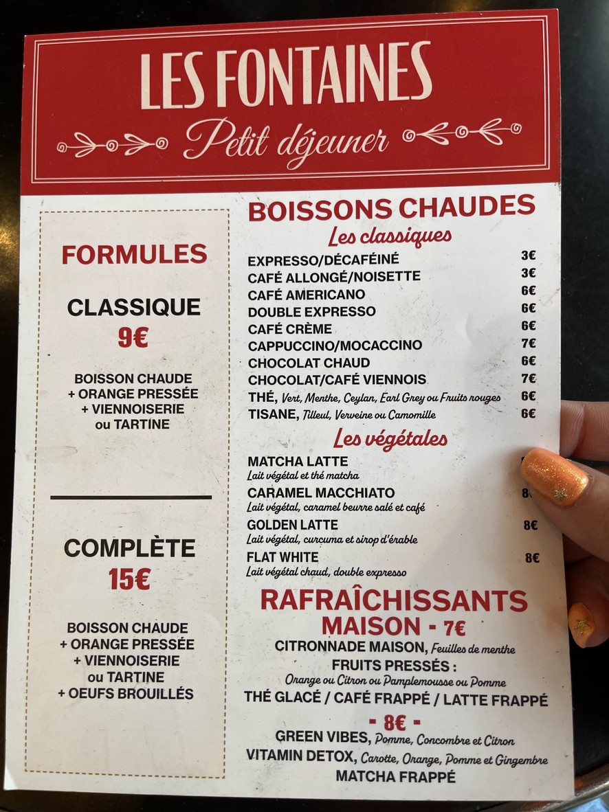 Les Fontaines menu 1