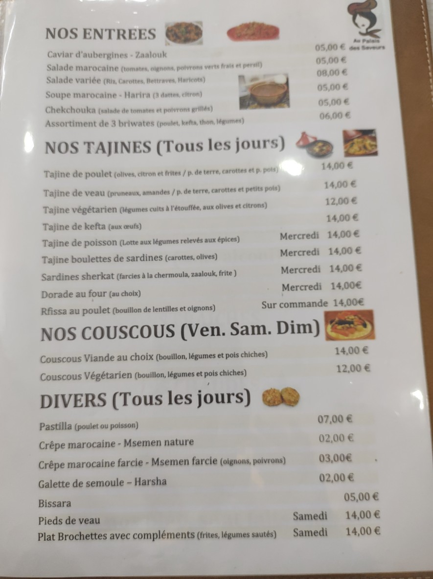 AU PALAIS DES SAVEURS menu 1
