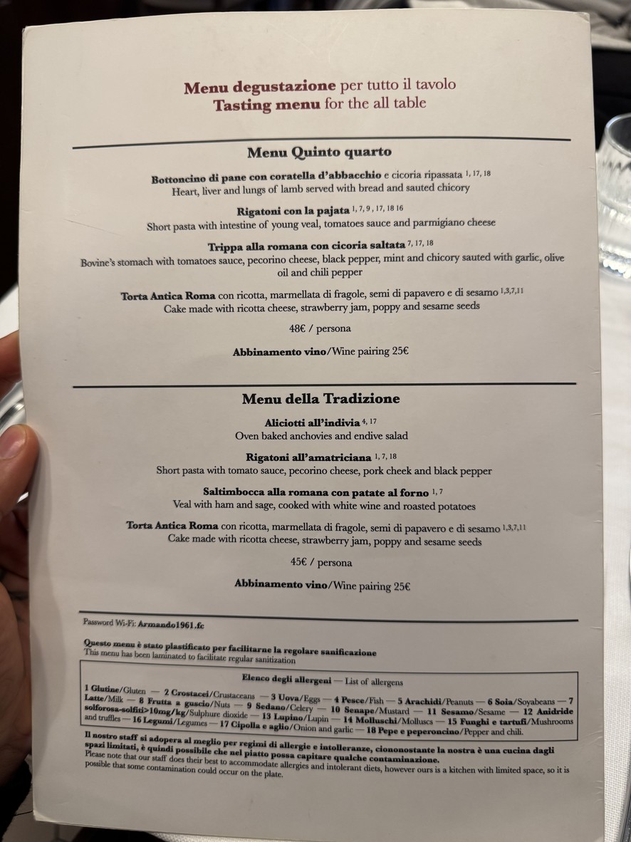 Armando al Pantheon menu 1