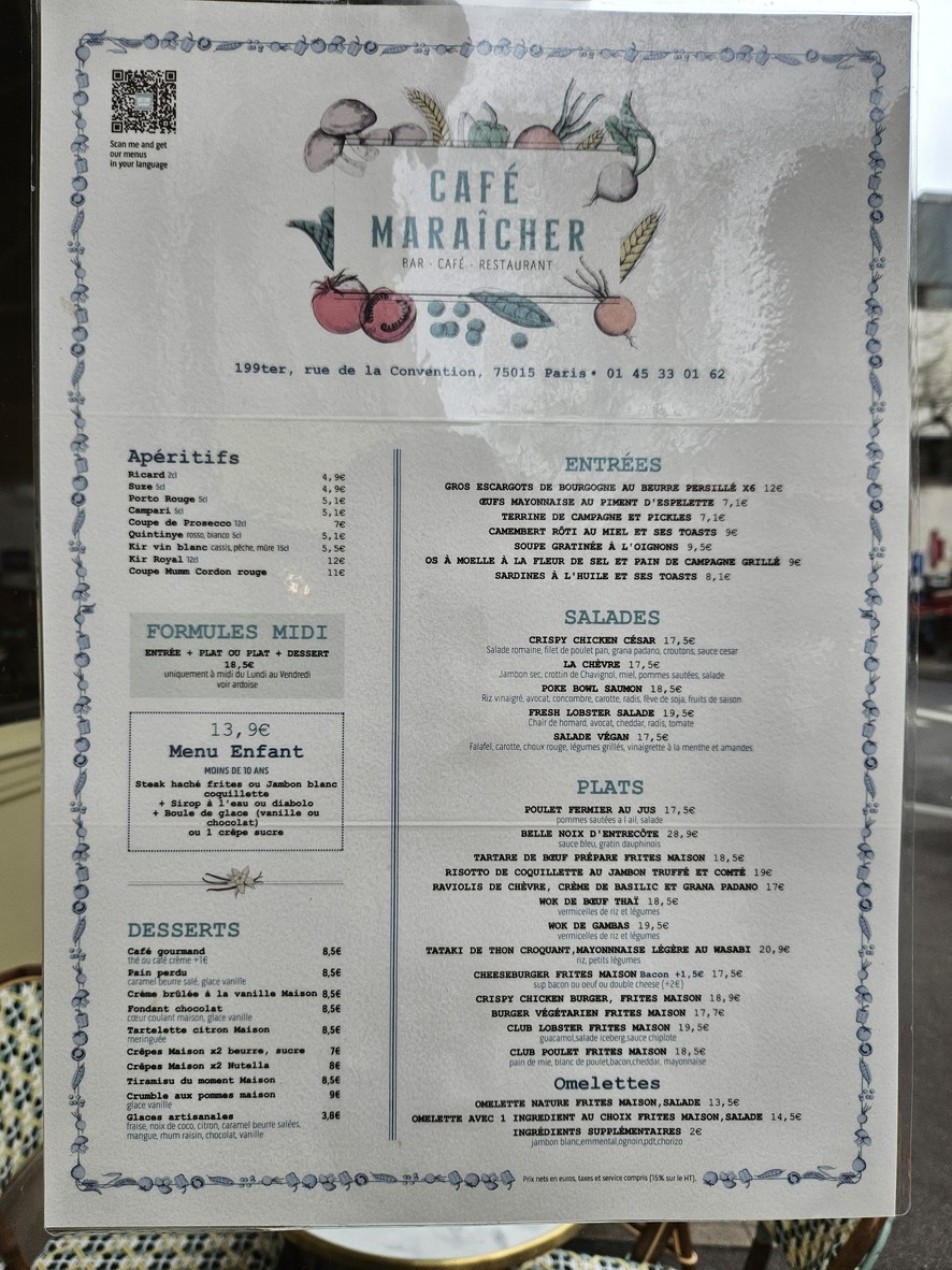 Café Maraîcher menu 1