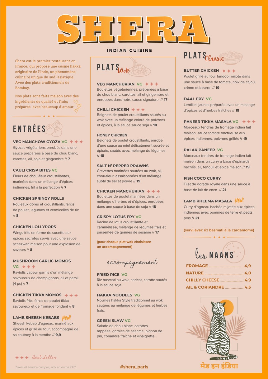 Restaurant Indien SHERA Paris 17 menu 1