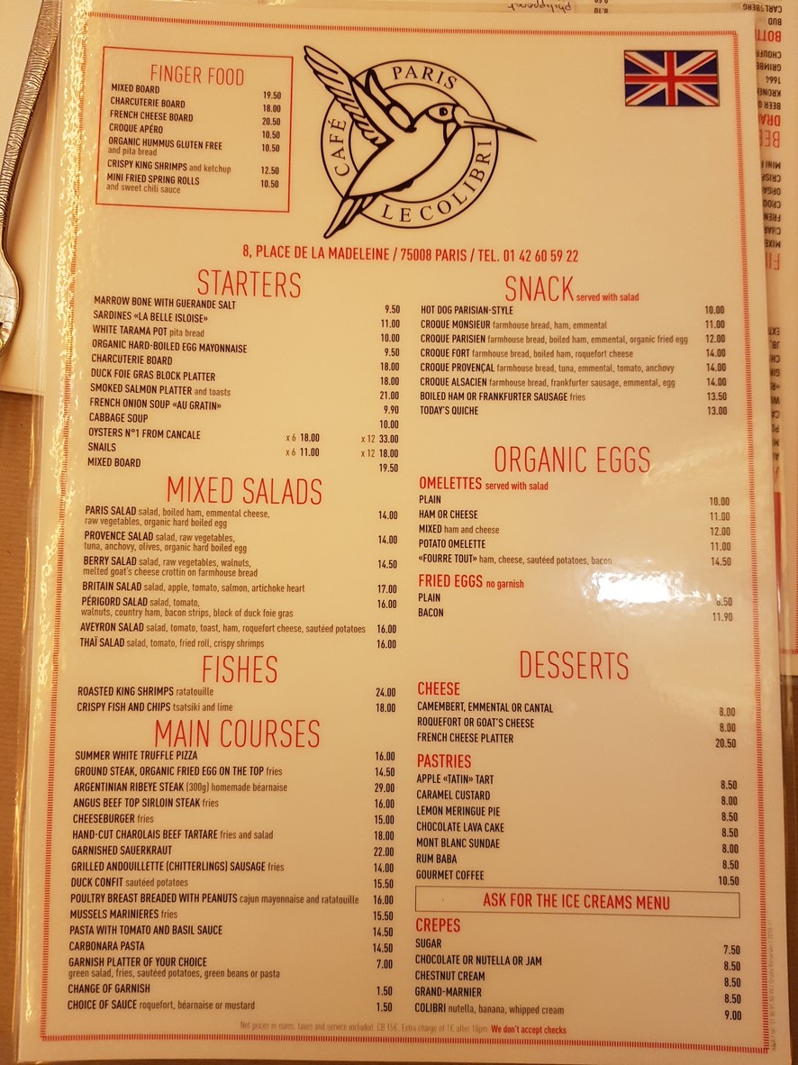 Le Colibri menu 1