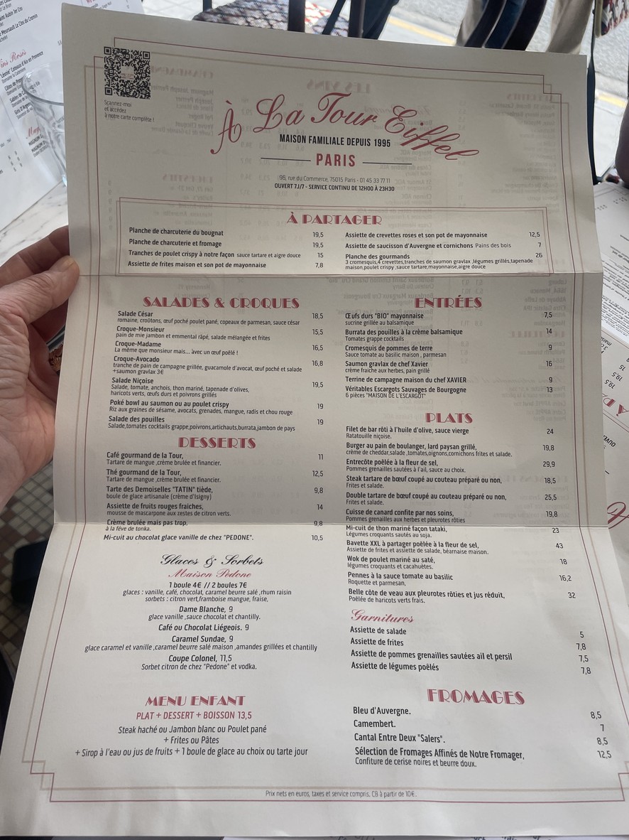 A La Tour Eiffel menu 1