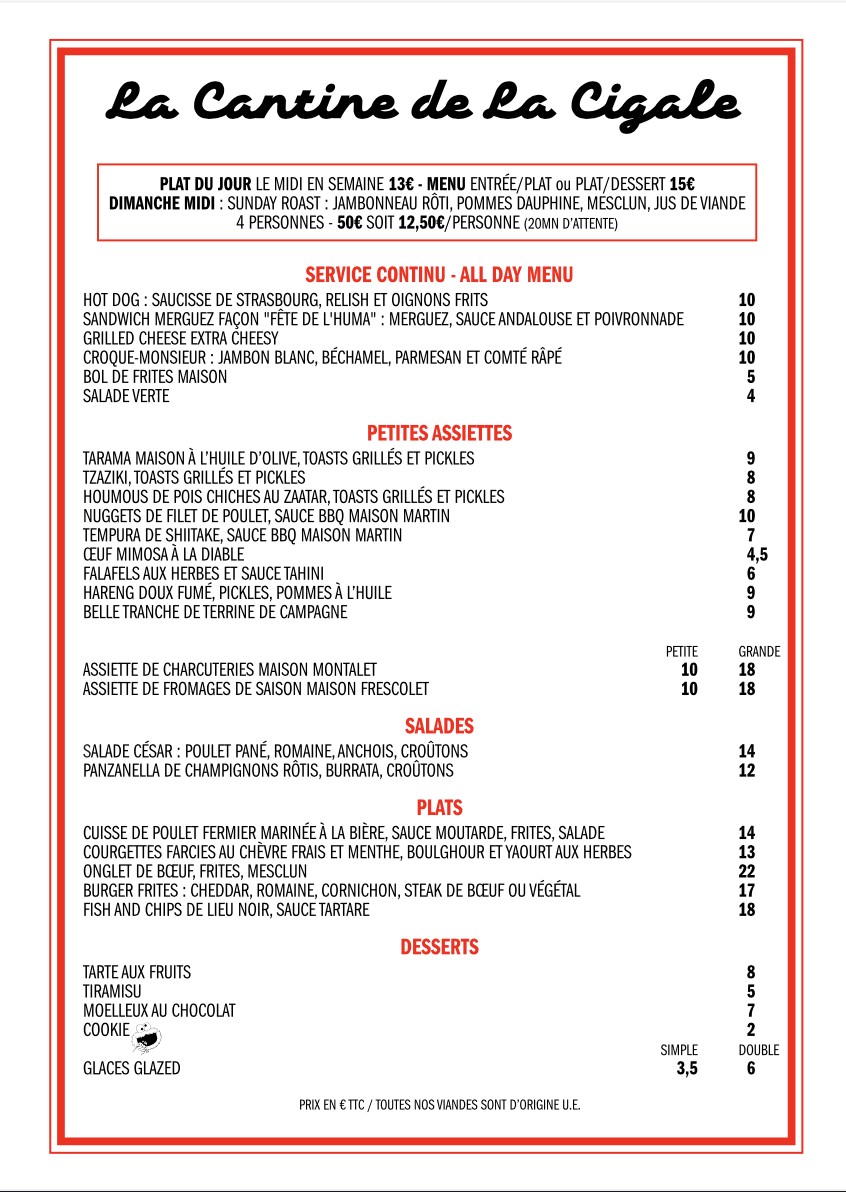 La Cantine de la Cigale menu 1