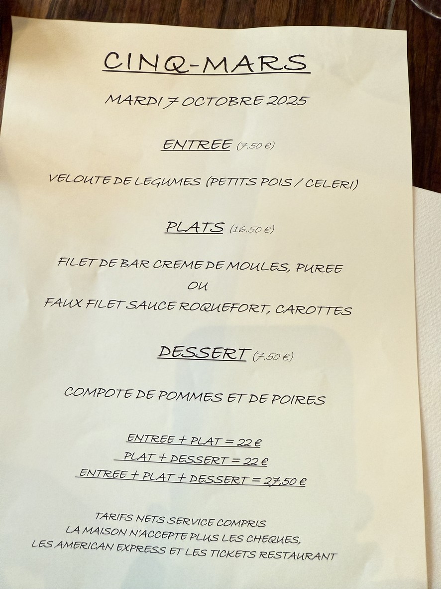 Cinq-Mars menu 1
