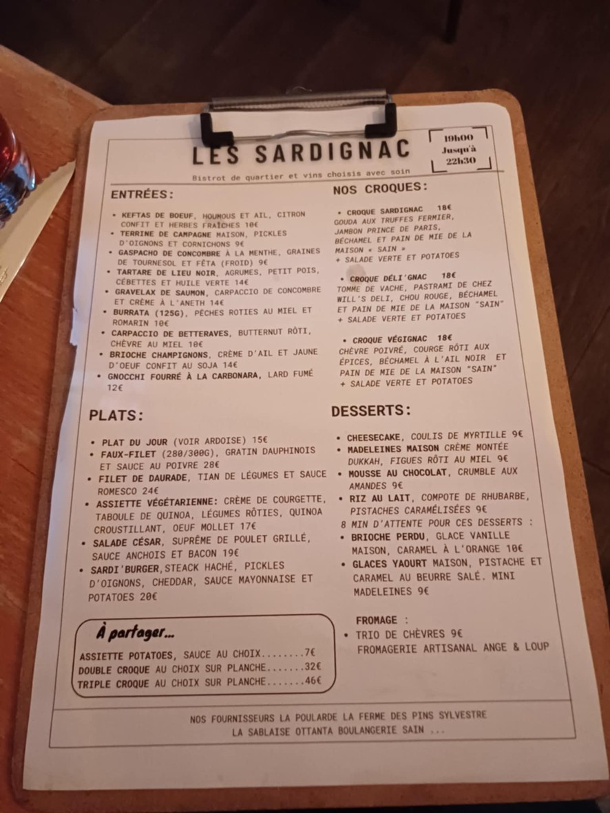 Les Sardignac menu 1