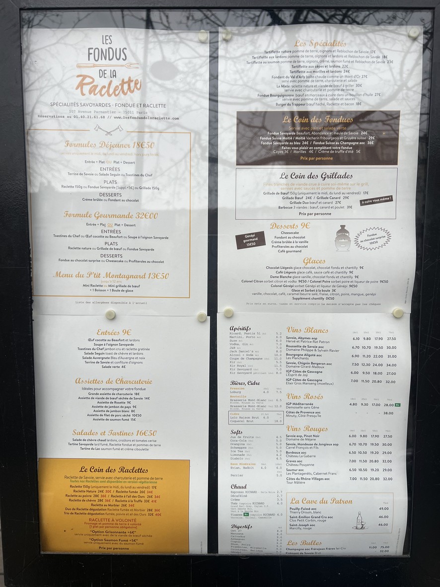 Les Fondus de la Raclette Paris 14eme - Montparnasse menu 1