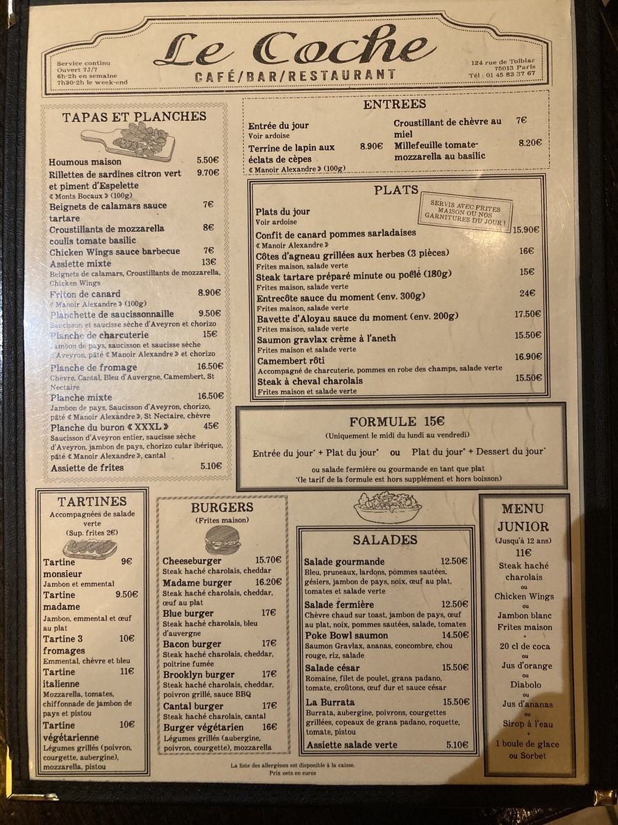 Le Coche menu 1