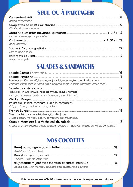 Les Artisans menu 1