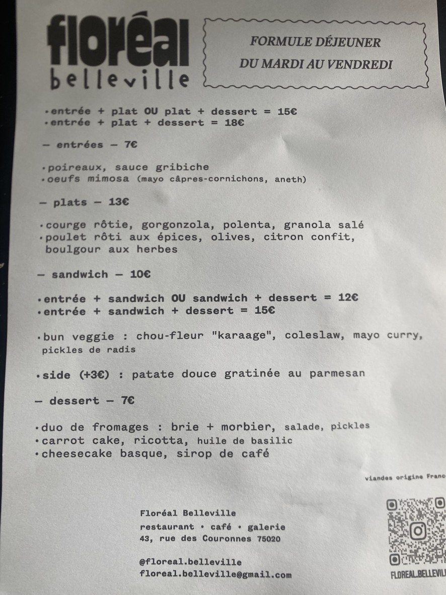 Floréal Belleville menu 1