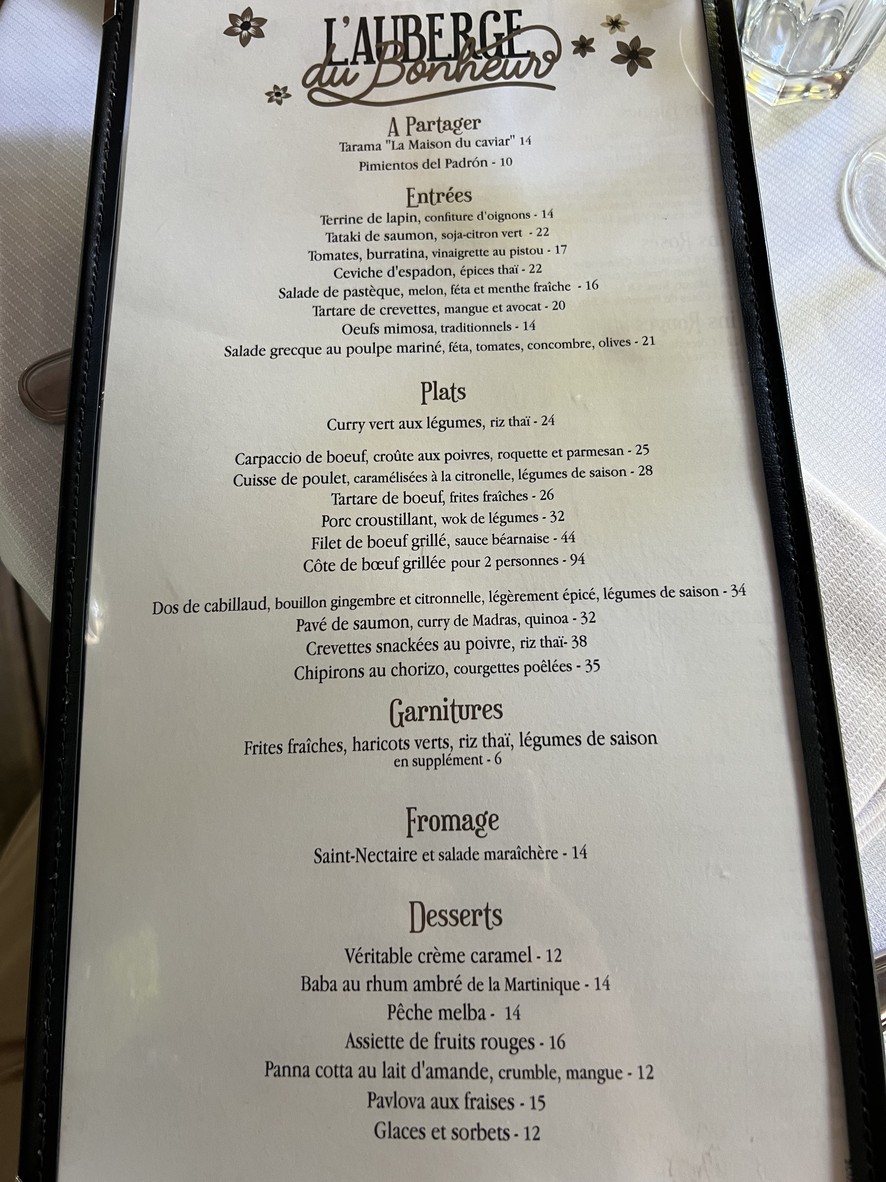 Auberge du Bonheur menu 1