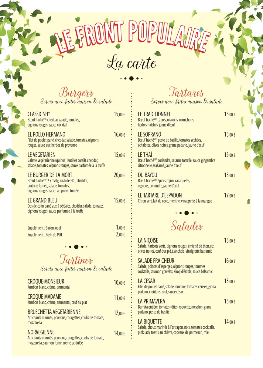 Brasserie Le Front Populaire menu 1