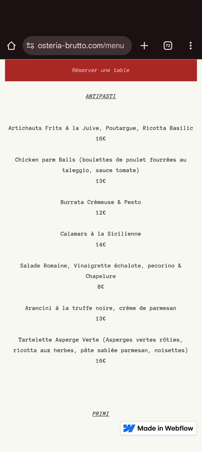 Osteria Brutto - Restaurant Italien Paris 5 menu 1