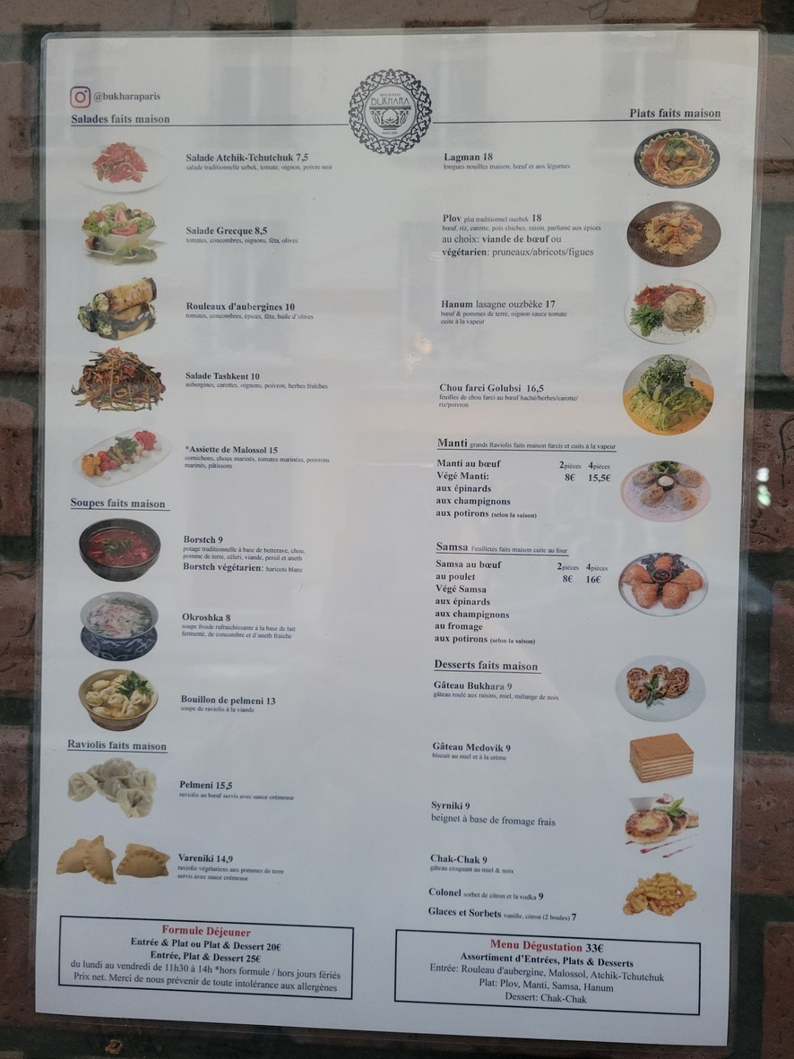 Uzbekistan Boukhara Amelot et la cuisine d’Asie Centrale menu 1
