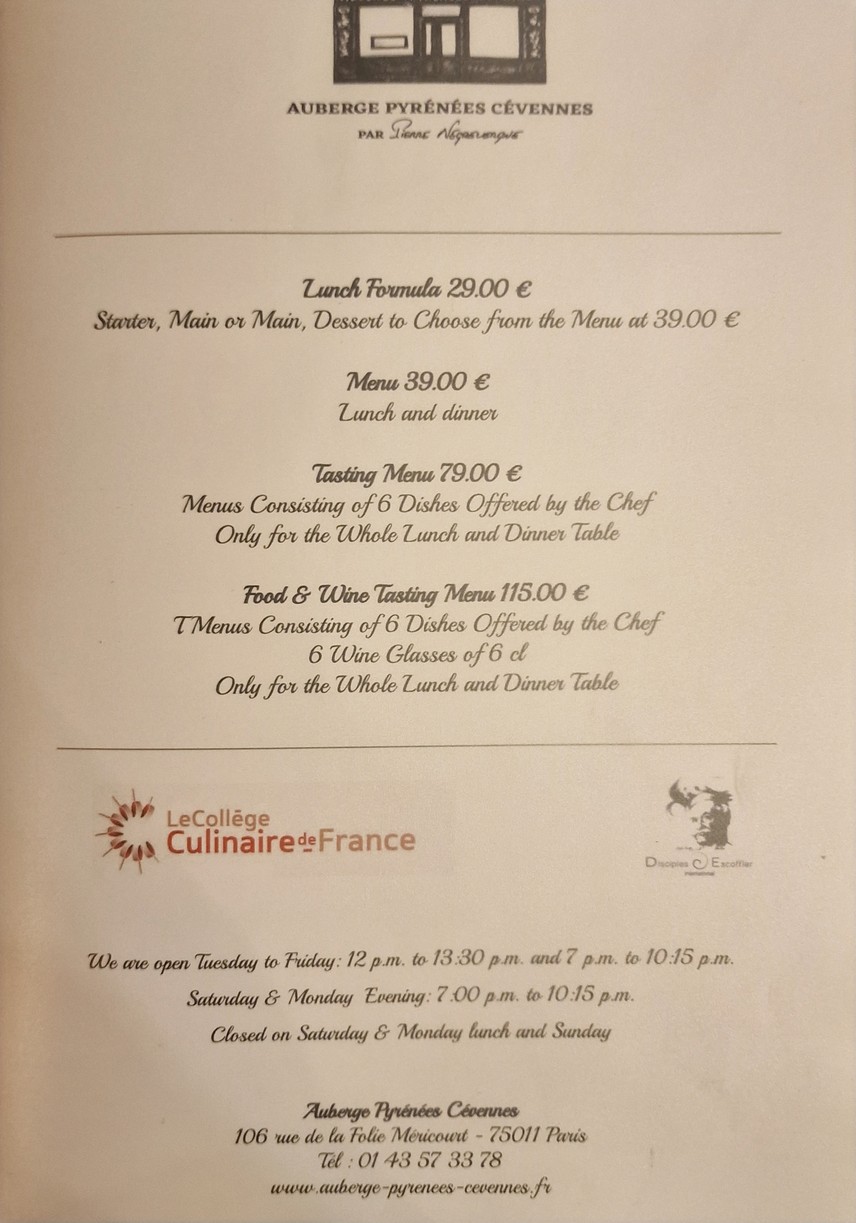 Auberge Pyrénées Cévennes menu 1