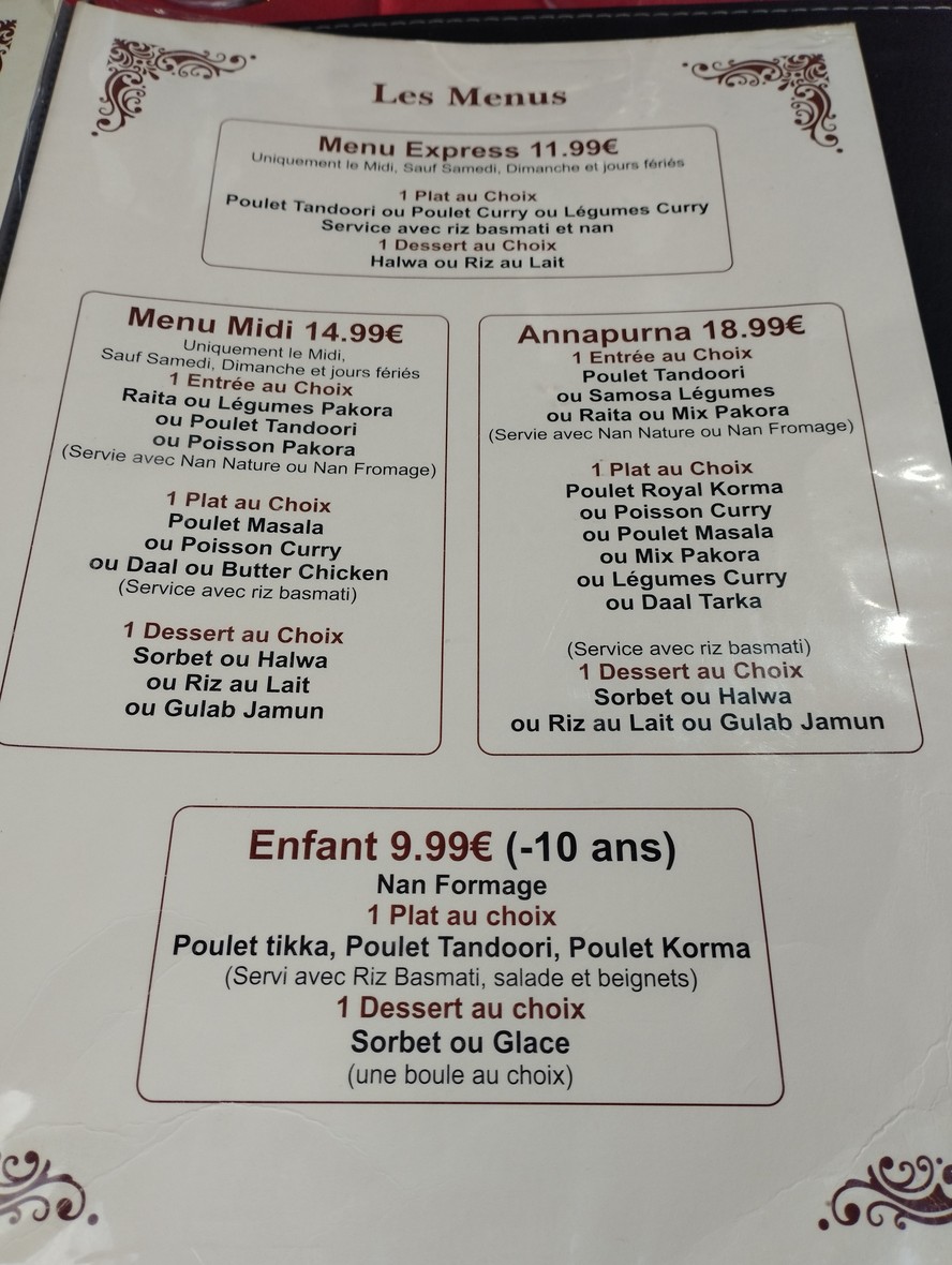 Restaurant Namaste Himalaya Les Lilas menu 1