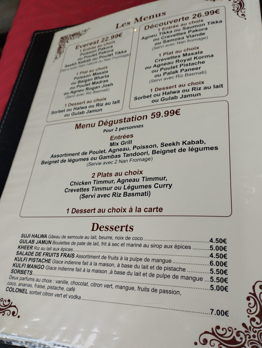 Restaurant Namaste Himalaya Les Lilas menu 2