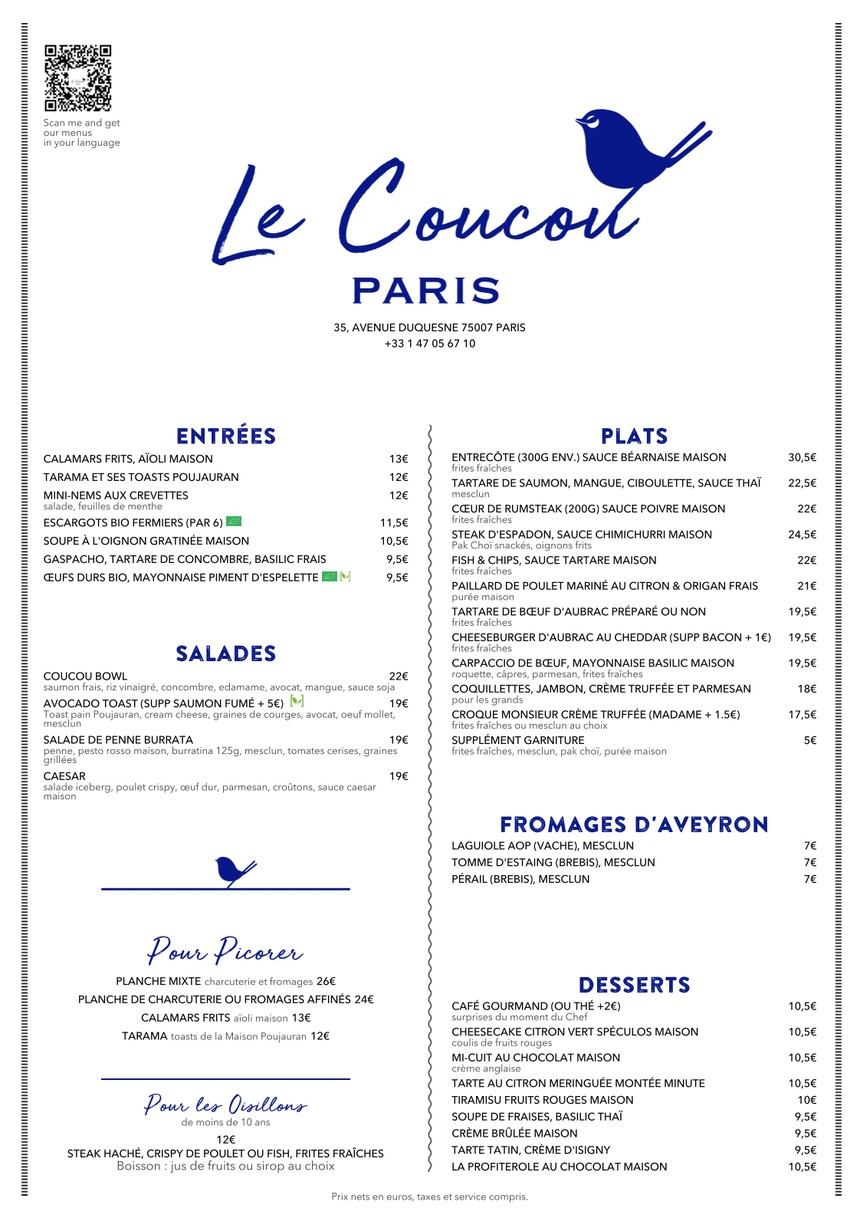 Le Coucou Paris menu 1