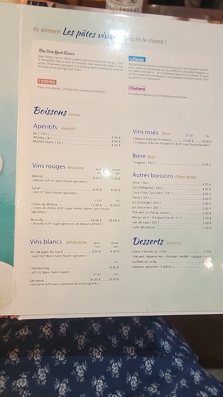 Les Pâtes Vivantes menu 6
