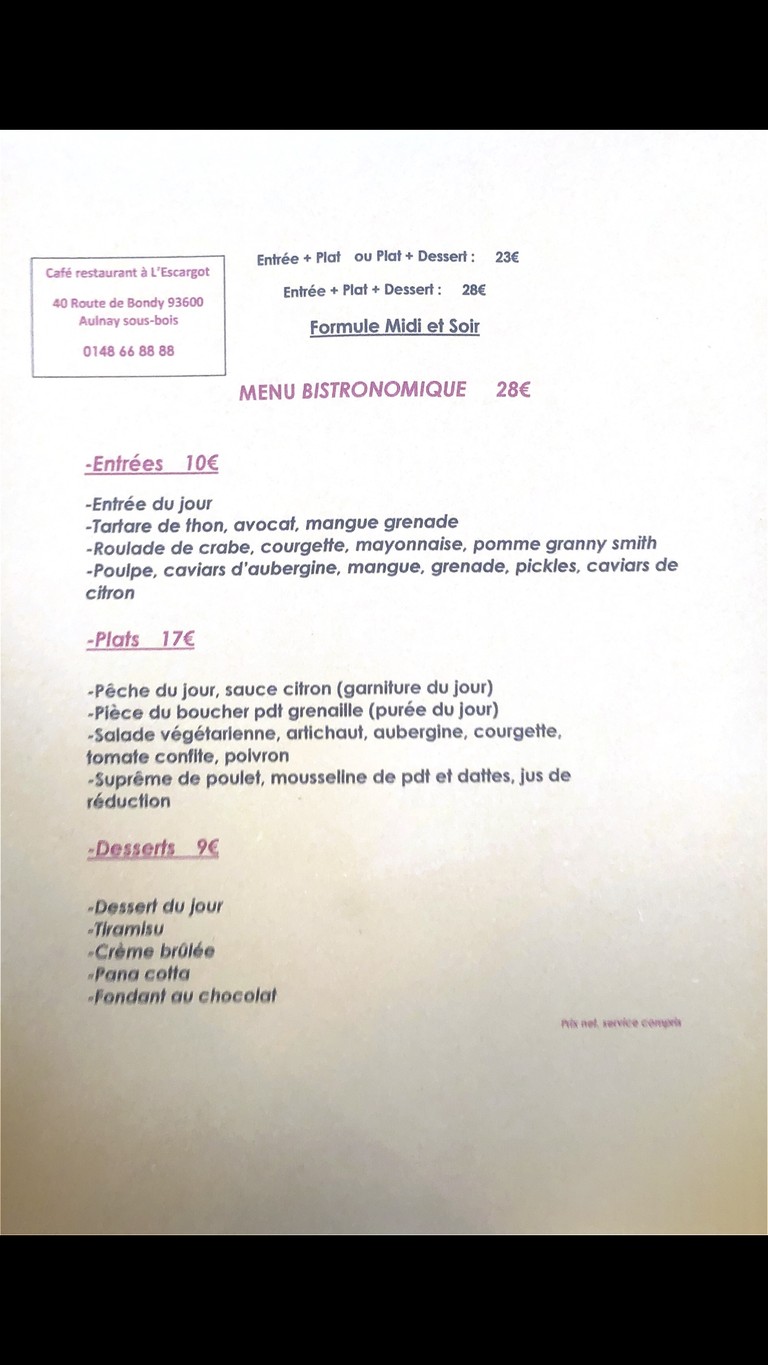 À L’escargot menu 1