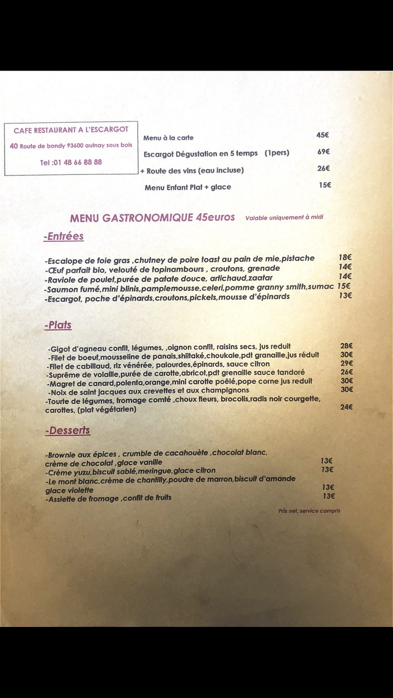 À L’escargot menu 2
