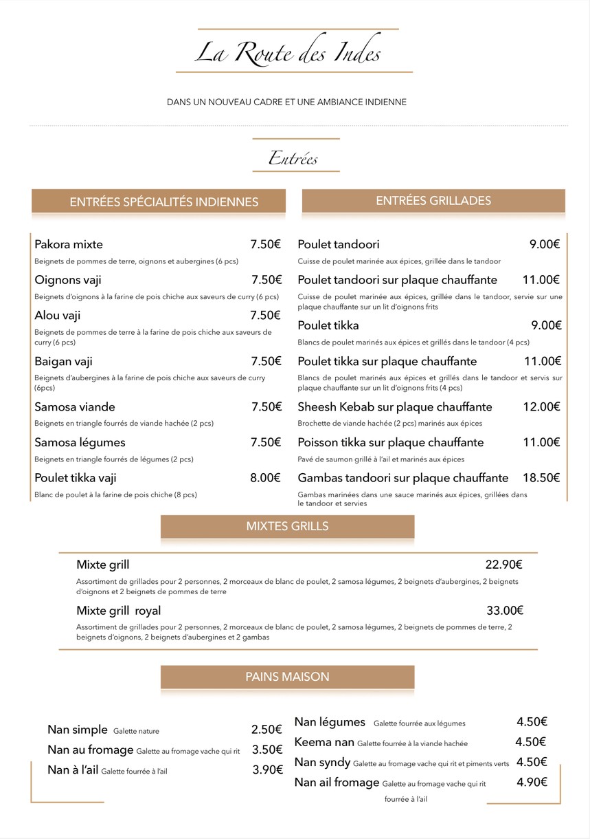 La Route des Indes menu 1