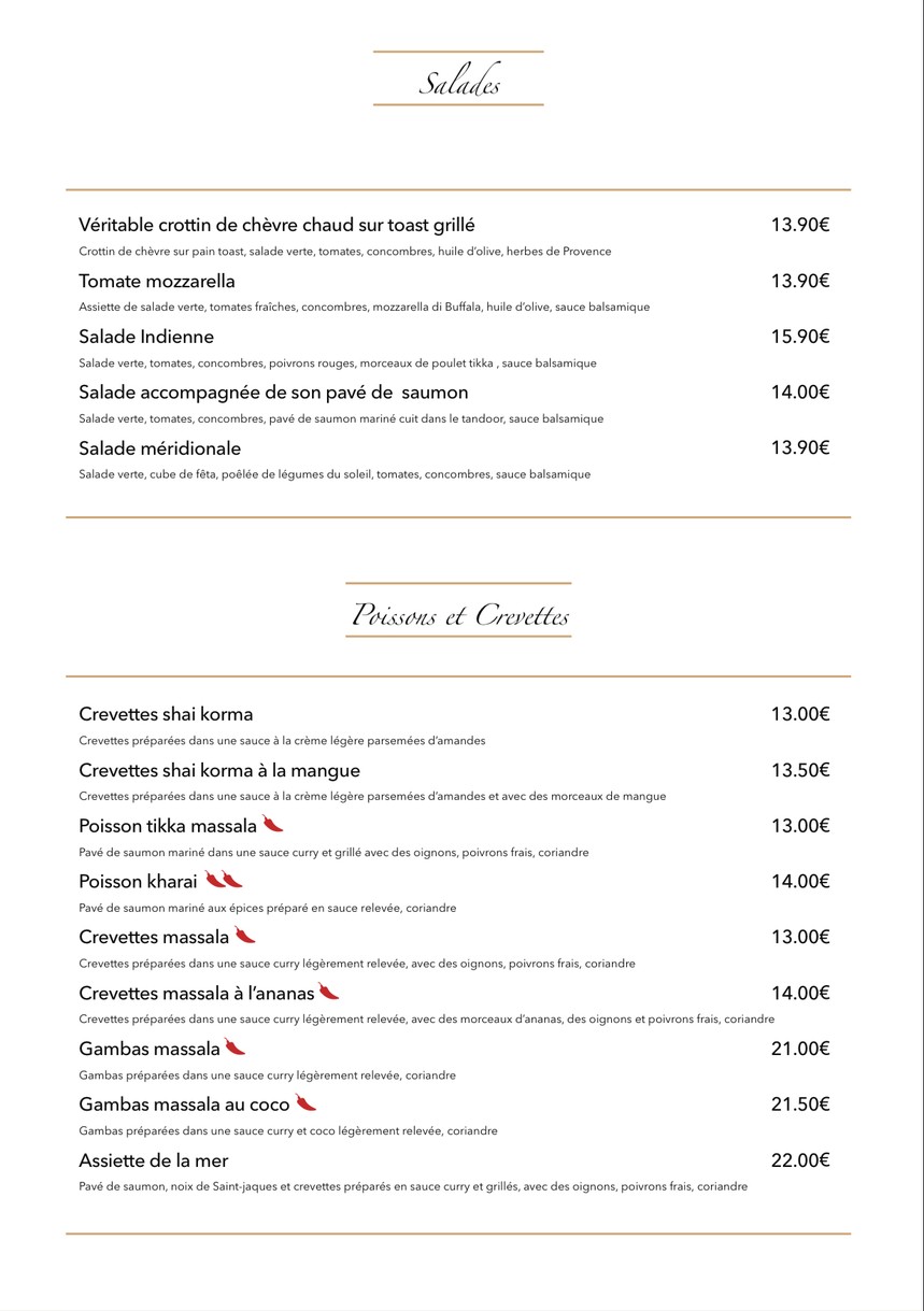 La Route des Indes menu 3