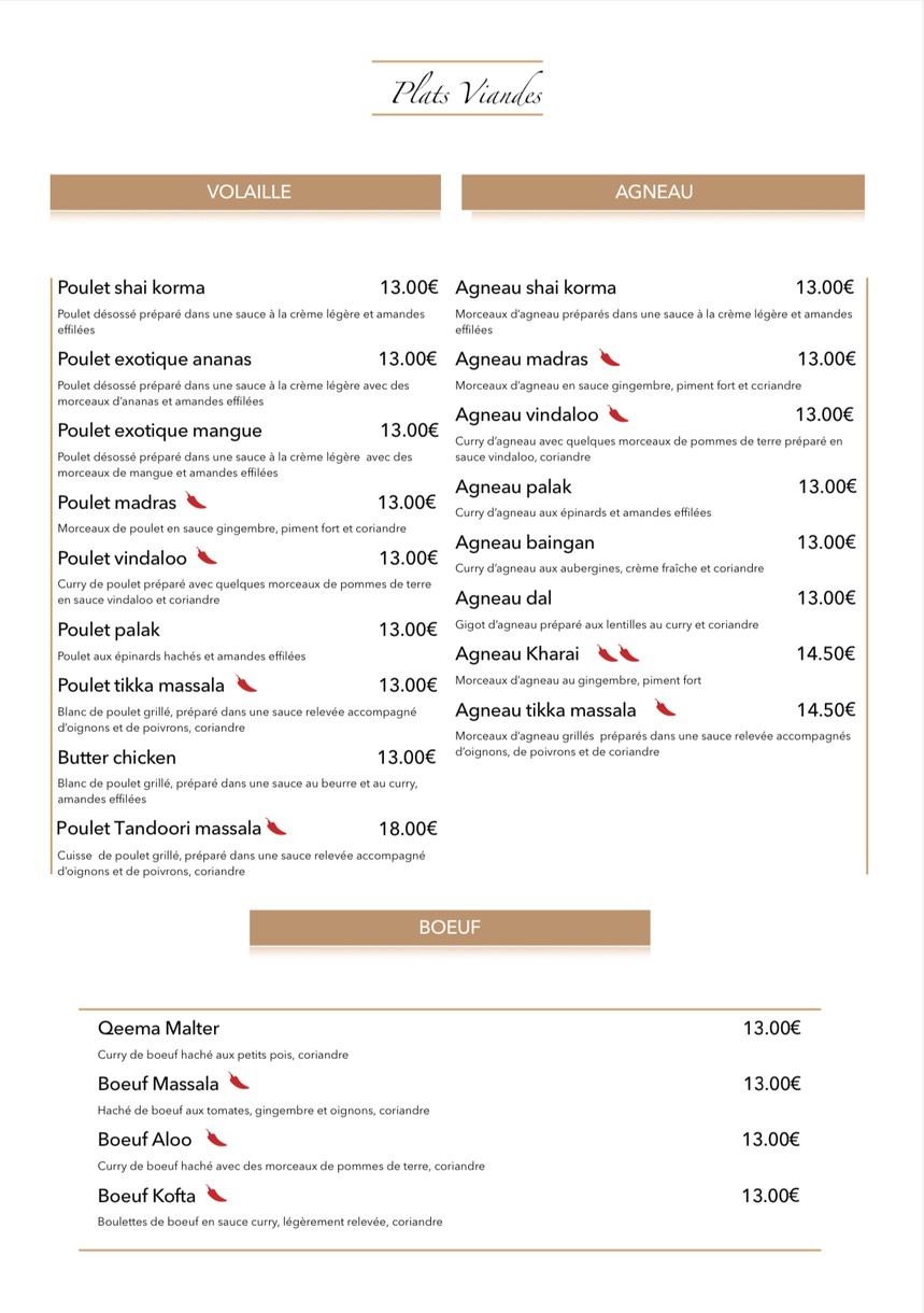 La Route des Indes menu 4