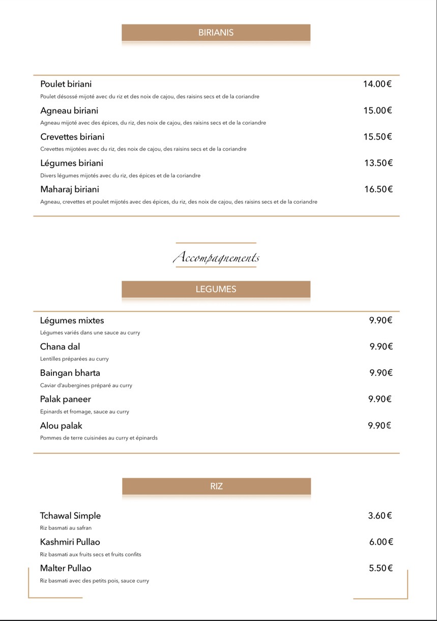 La Route des Indes menu 5