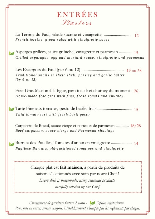 Restaurant Paul menu 1