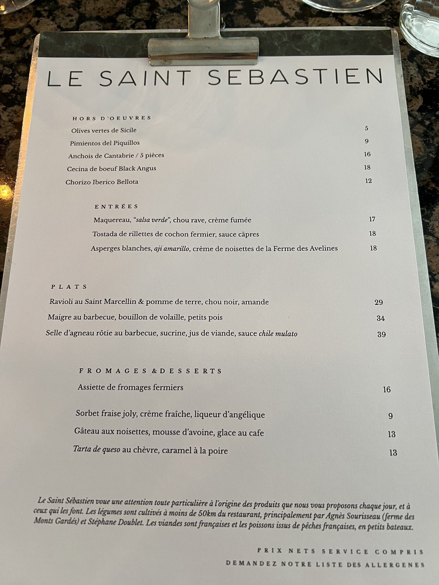 Le Saint Sébastien menu 1