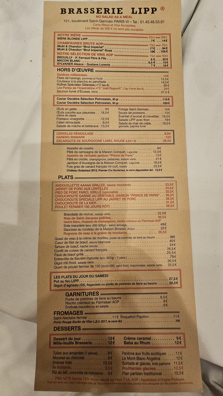 Brasserie Lipp menu 1