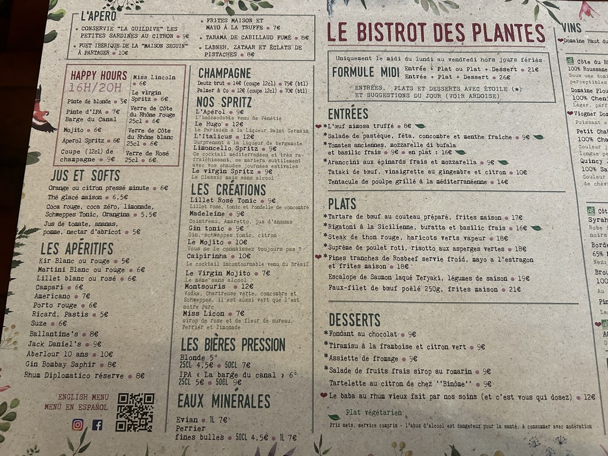 Bistrot des Plantes menu 1