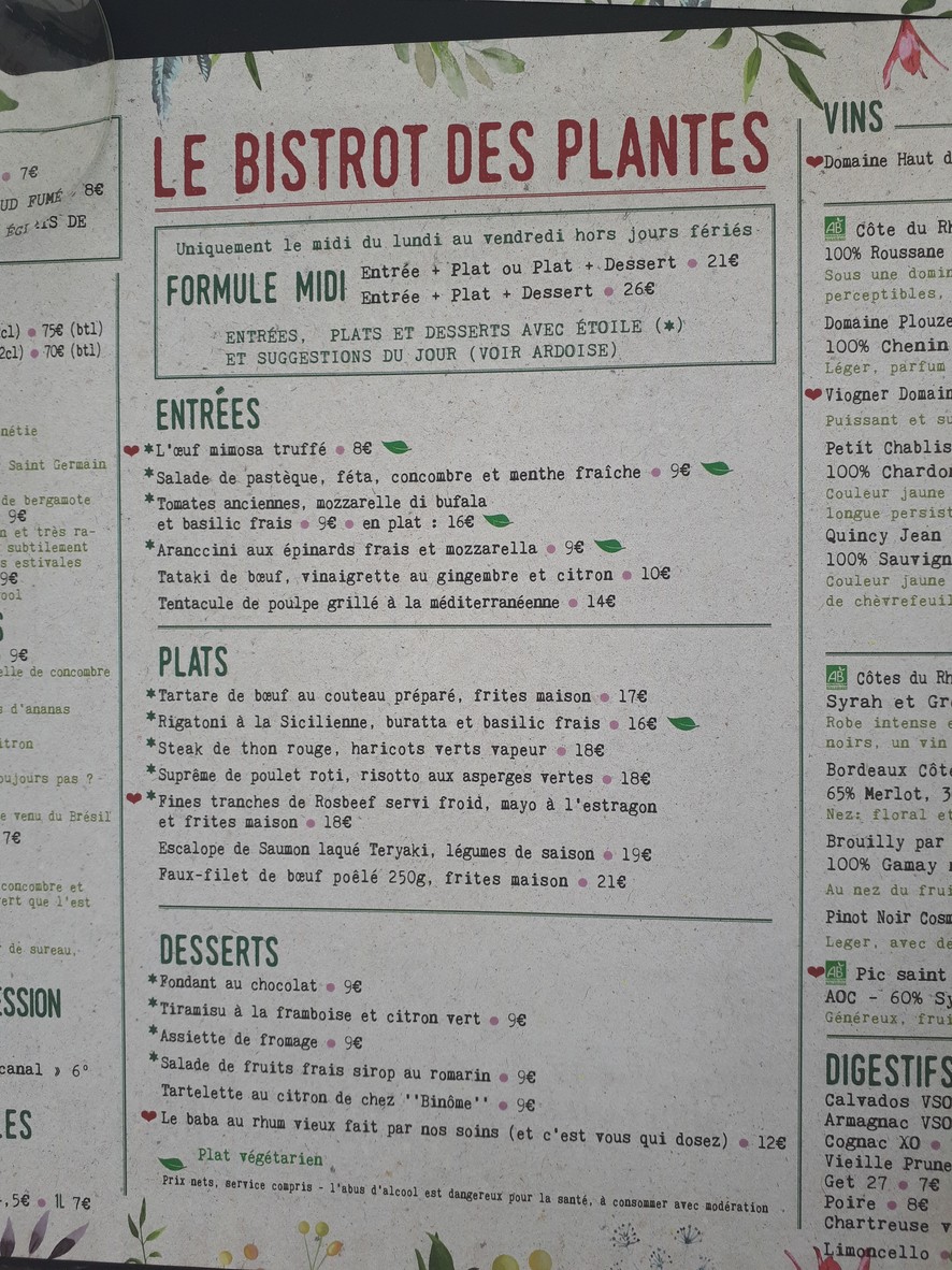 Bistrot des Plantes menu 2
