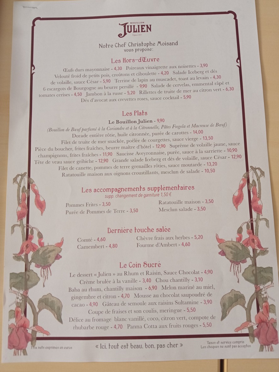 Bouillon Julien menu 1