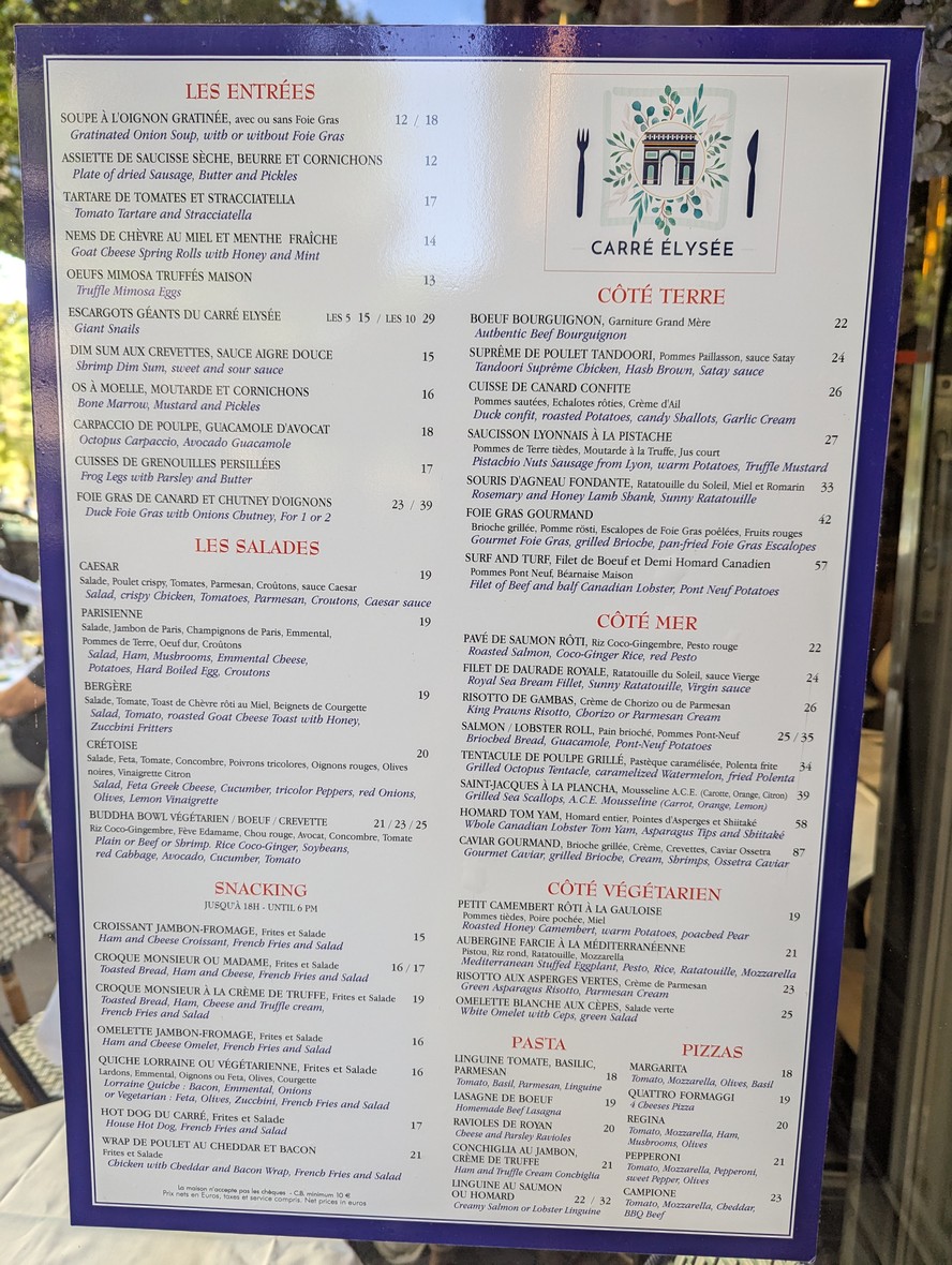 Le Carré Élysée menu 1