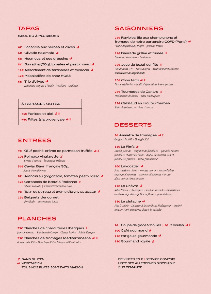 ROSE, THE RESTAURANT menu 1