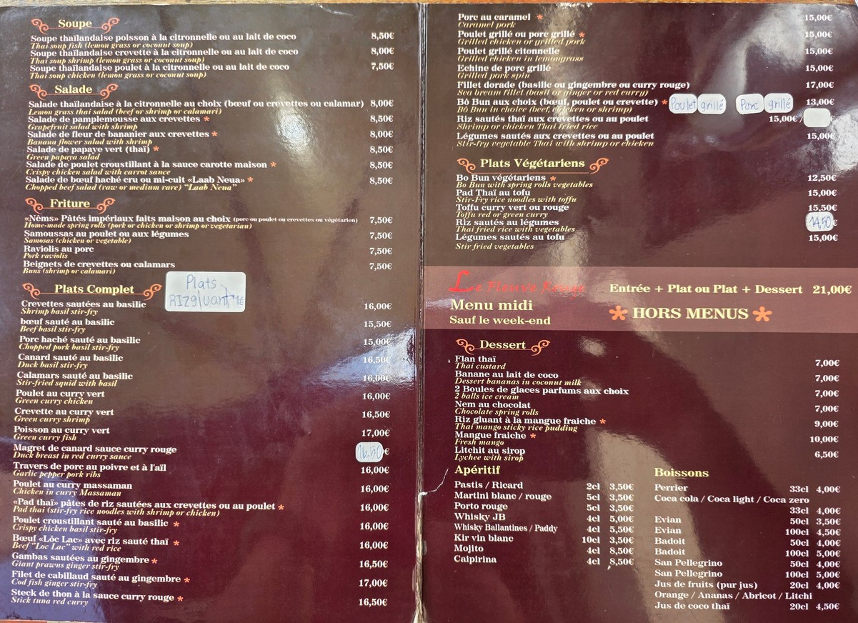 Le Fleuve Rouge menu 1