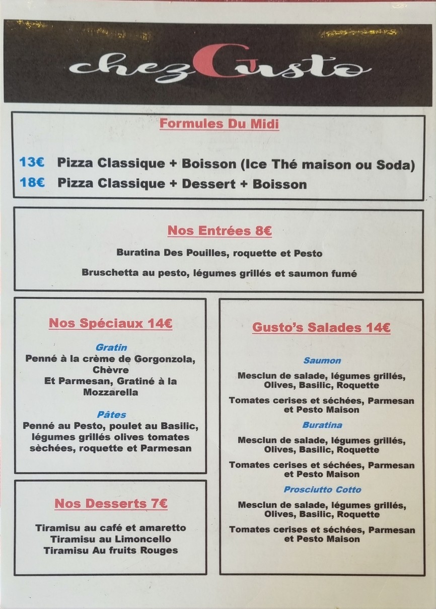 Chez Gusto Bar à Pizza menu 1