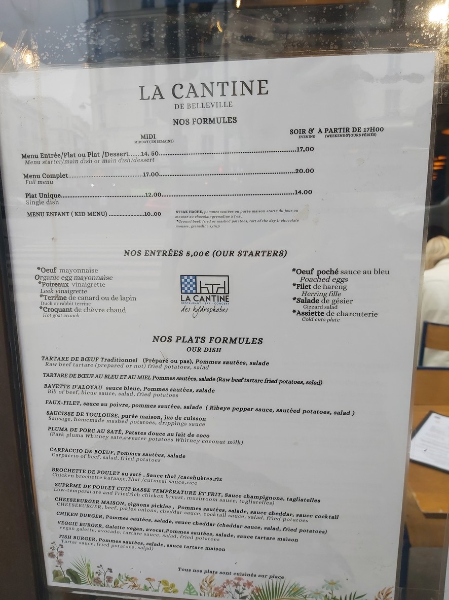 La cantine de Belleville menu 1
